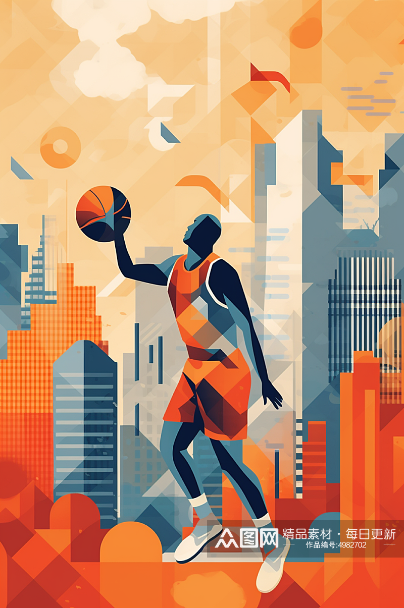 AI数字艺术打篮球扁平化多人运动场景插画素材