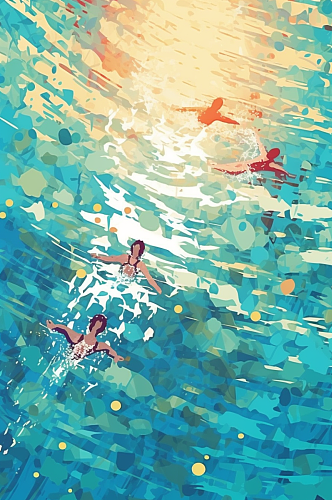 AI数字艺术游泳扁平化多人运动场景插画