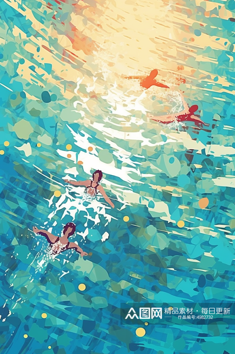 AI数字艺术游泳扁平化多人运动场景插画素材