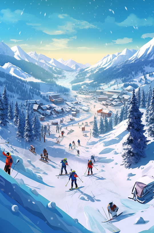 AI数字艺术滑雪扁平化多人运动场景插画