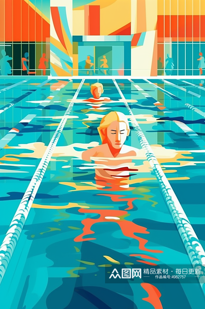 AI数字艺术游泳扁平化多人运动场景插画素材