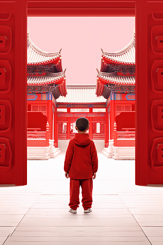 AI数字艺术新年红色空间儿童人物摄影图