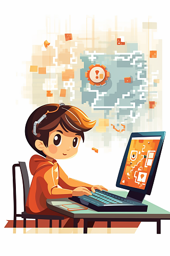 AI数字艺术儿童教育编程代码团队合作插画