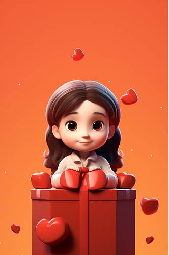 AI数字艺术小女孩情人节礼物盒儿童节3d模型