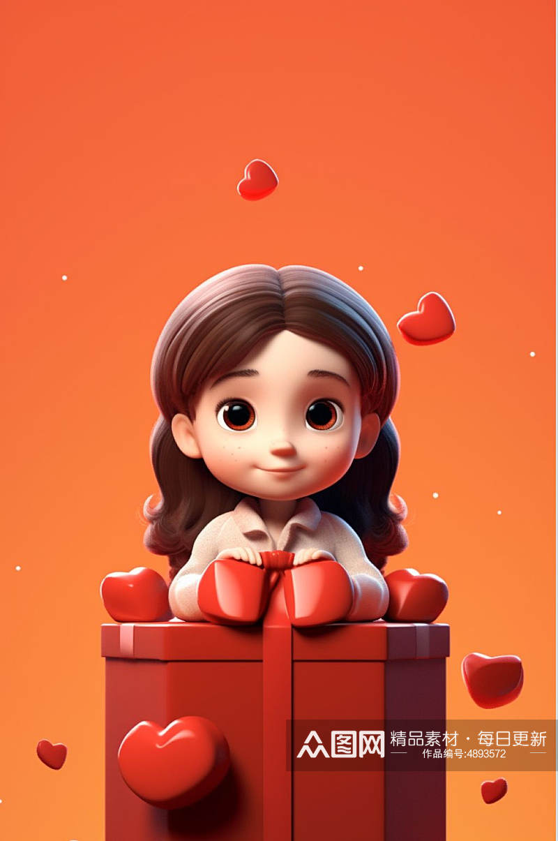 AI数字艺术小女孩情人节礼物盒儿童节3d模型素材