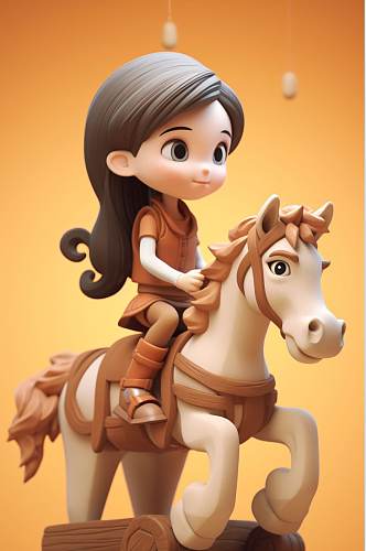 AI数字艺术小女孩骑马儿童节3d模型