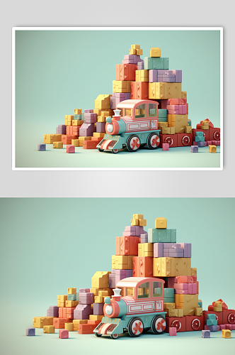 AI数字艺术清新彩色儿童积木玩具模型元素