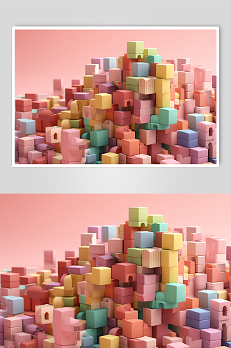 AI数字艺术清新彩色儿童积木玩具模型元素