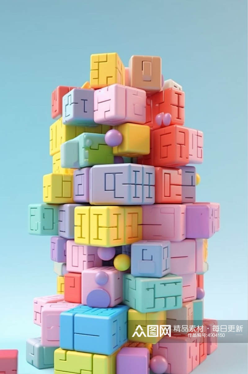 AI数字艺术简洁彩色儿童积木玩具模型元素素材