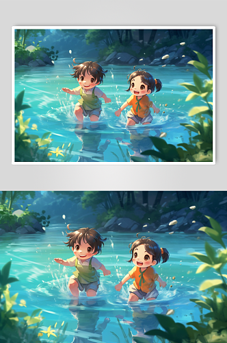 AI数字艺术手绘Q版儿童夏季游泳玩水插画