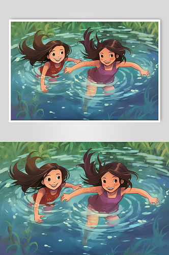 AI数字艺术卡通Q版儿童夏季游泳玩水插画