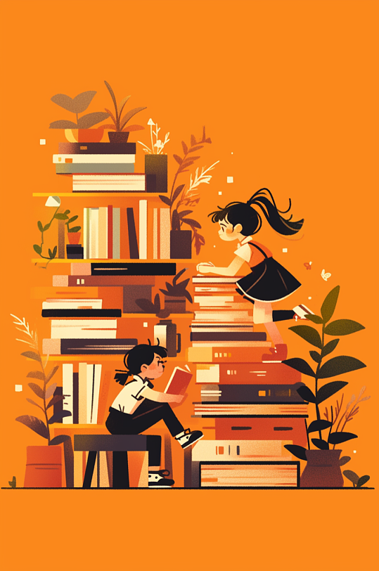 AI数字艺术儿童看书阅读学习读书日插画-众图网