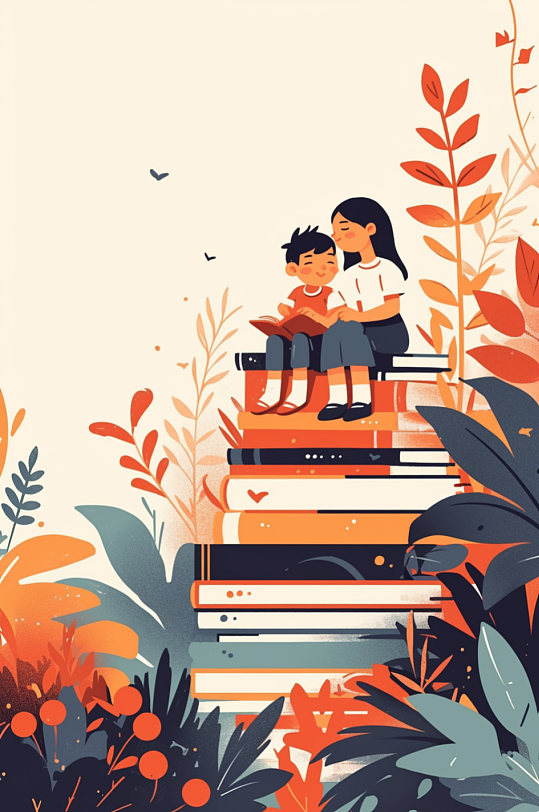 AI数字艺术儿童看书阅读学习读书日插画-众图网