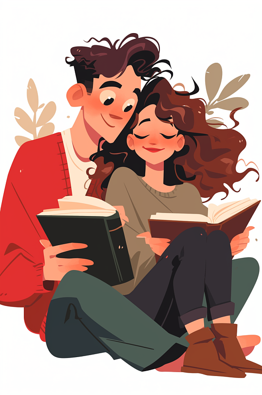 AI数字艺术情人节情侣看书阅读学习读书日插画-众图网
