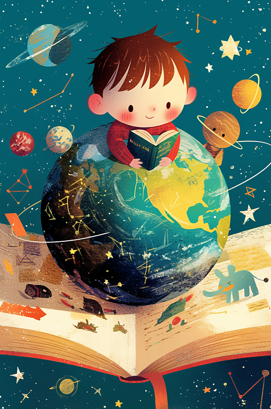 AI数字艺术儿童看书阅读学习读书日插画-众图网