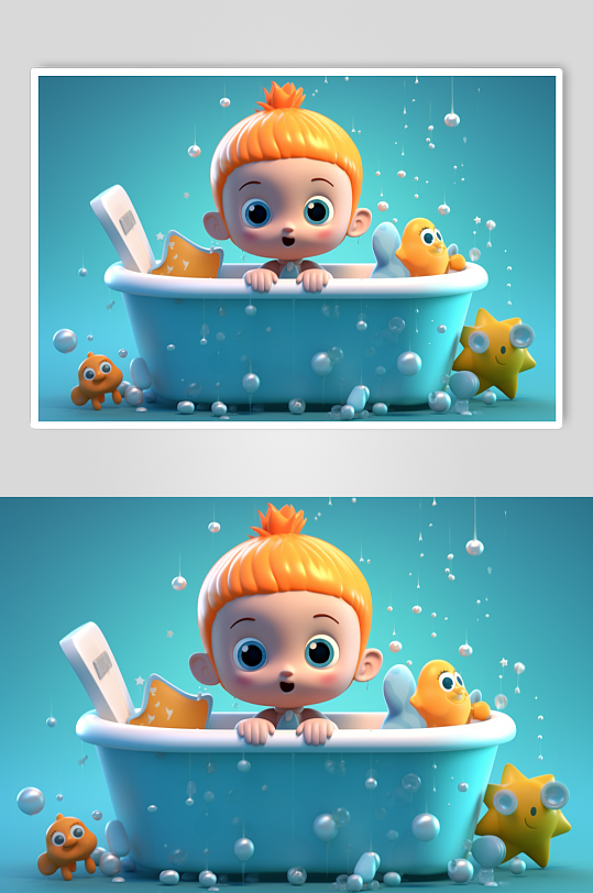 AI数字艺术创意儿童水育游泳洗澡插画