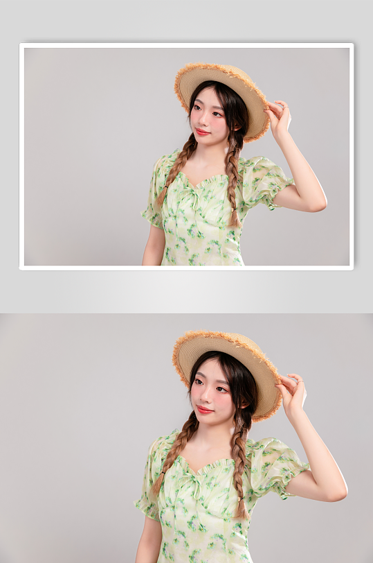 绿色碎花连衣裙防晒夏季女生人物摄影图片