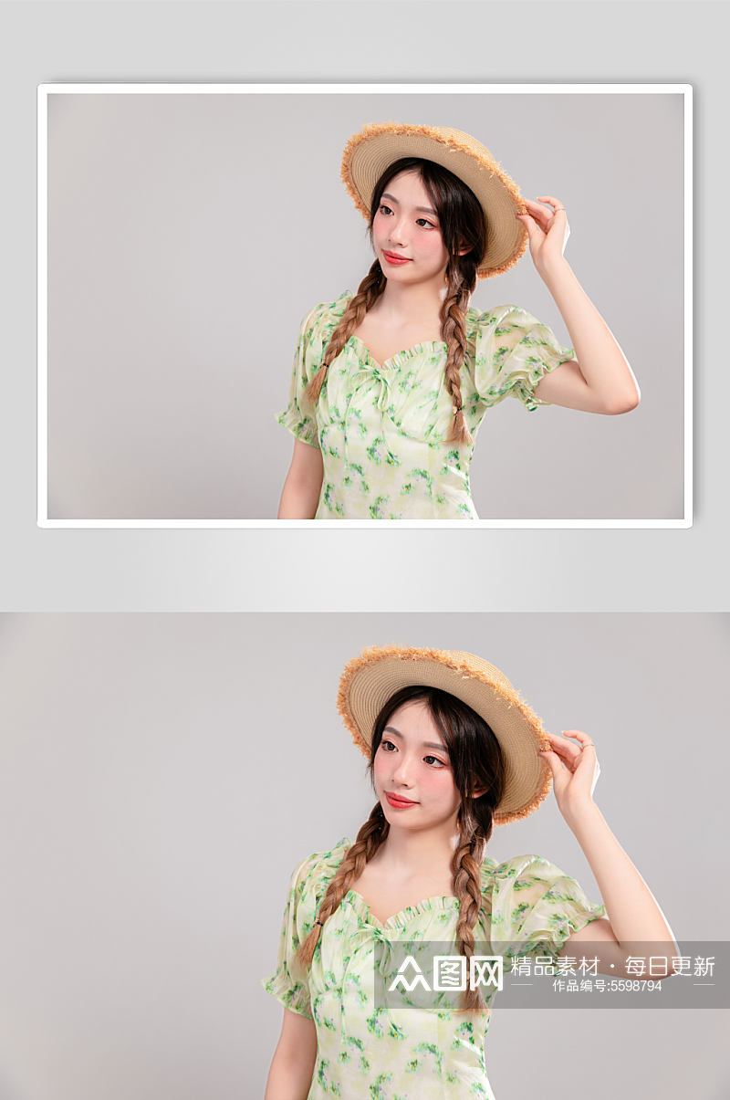 绿色碎花连衣裙防晒夏季女生人物摄影图片素材