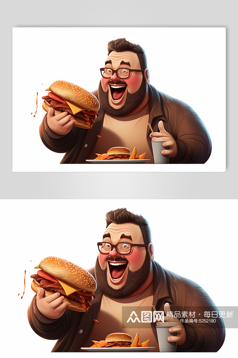 AI数字艺术亚健康肥胖人物美食插画素材