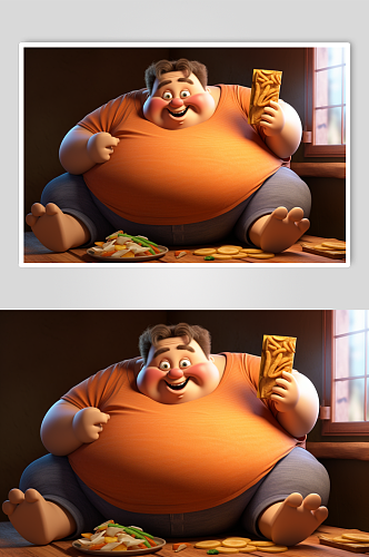 AI数字艺术亚健康肥胖人物美食插画