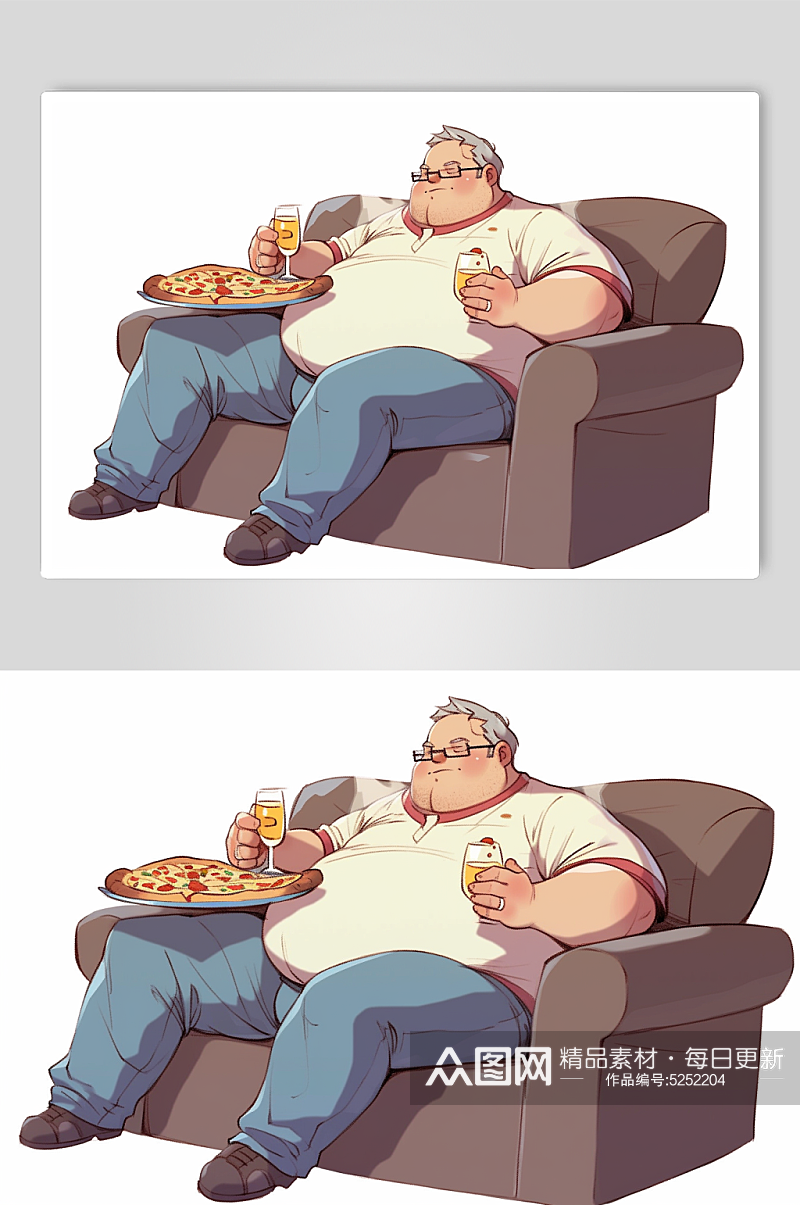 AI数字艺术亚健康肥胖人物美食插画素材