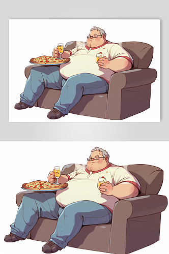 AI数字艺术亚健康肥胖人物美食插画