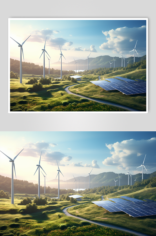 AI数字艺术风力太阳能综合发电厂摄影图