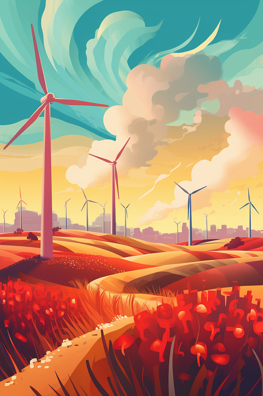 AI数字艺术风力涡轮工业新能源场景插画
