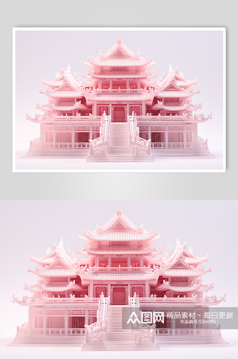 AI数字艺术粉色玻璃新中式建筑模型素材
