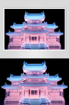 AI数字艺术粉色玻璃新中式建筑模型