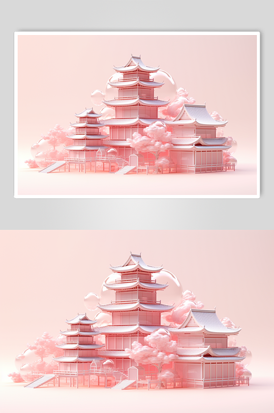 AI数字艺术粉色玻璃新中式建筑模型