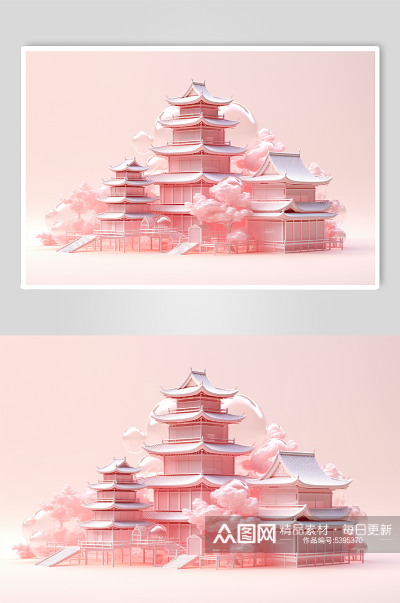 AI数字艺术粉色玻璃新中式建筑模型素材