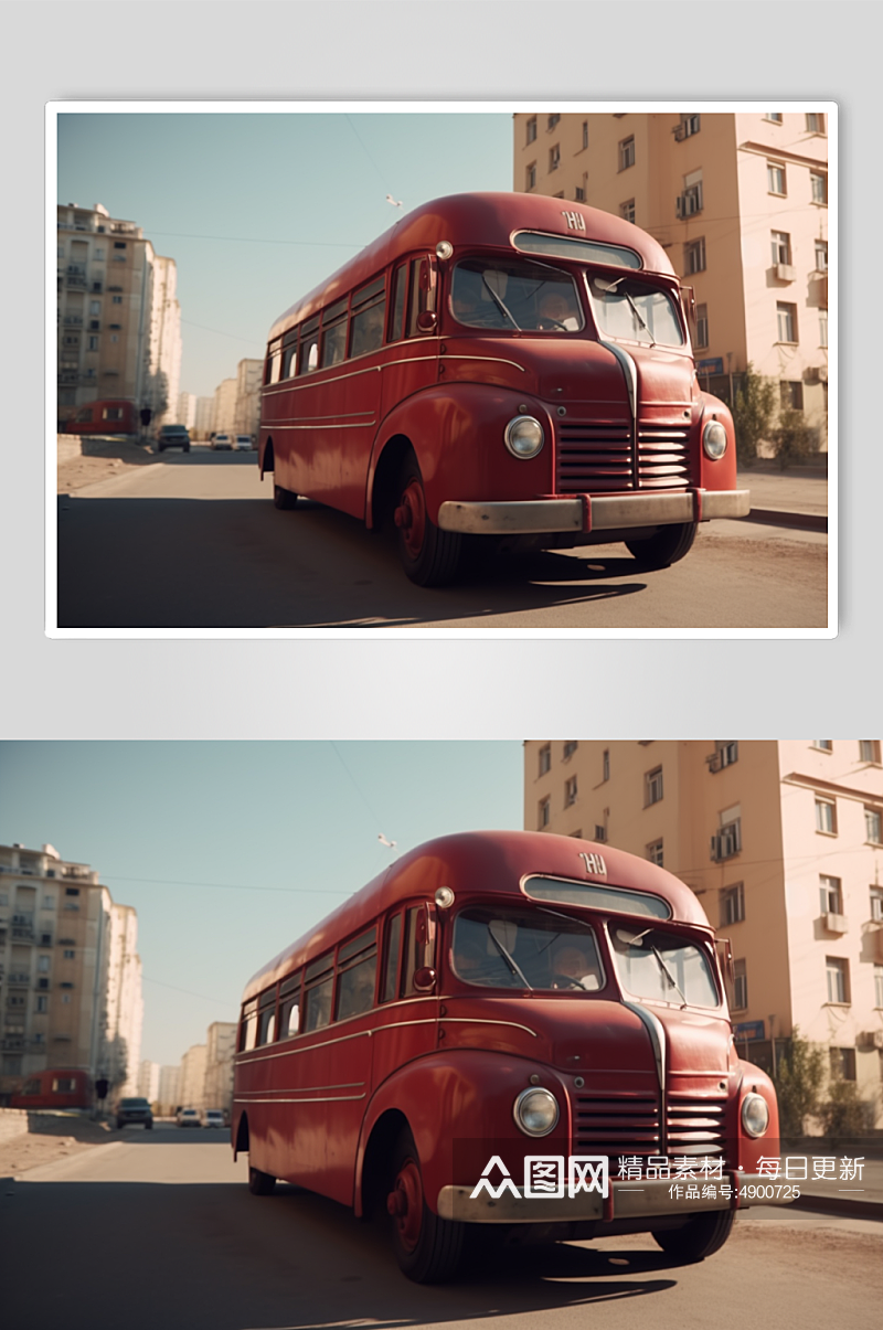 AI数字艺术高清红色复古巴士交通工具图片素材