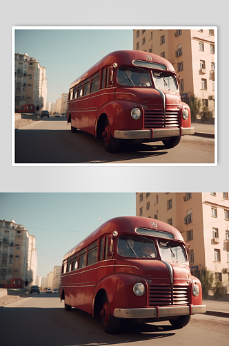 AI数字艺术高清红色复古巴士交通工具图片
