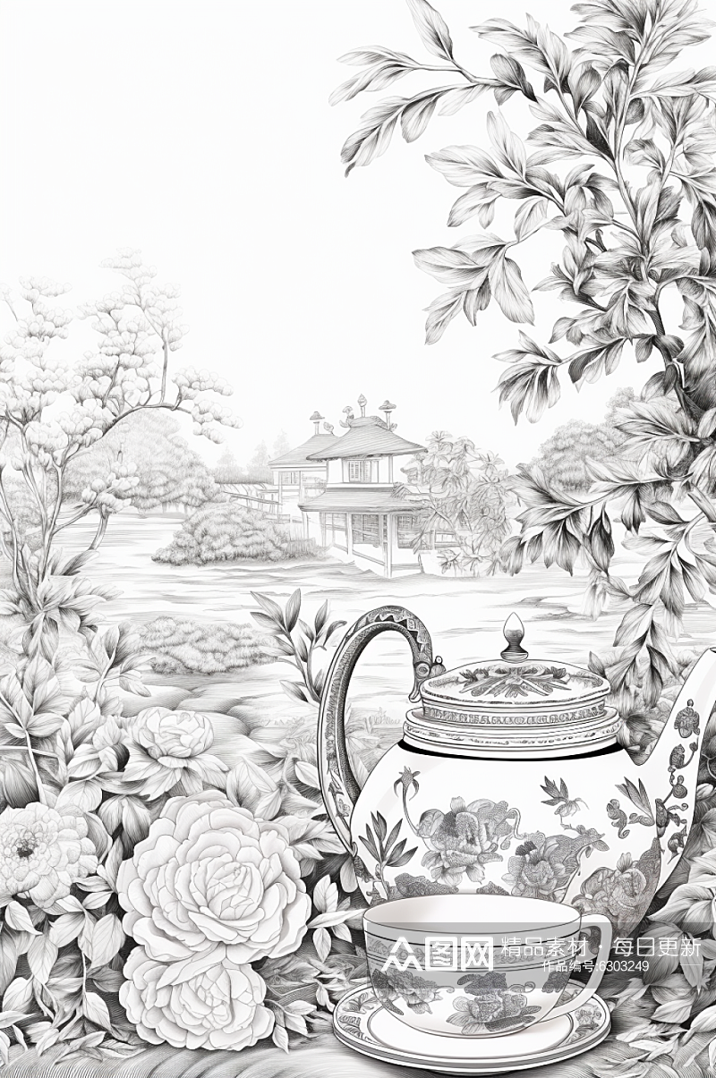 AI数字艺术复古铜版画茶园茶叶插画素材