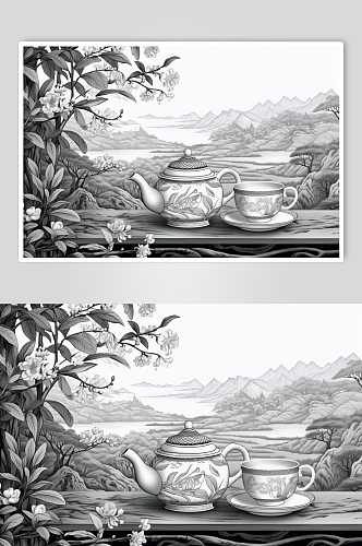 AI数字艺术复古铜版画茶园茶叶插画