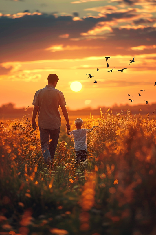 AI数字艺术晚霞父亲节父子父女人物肖像摄影图-众图网