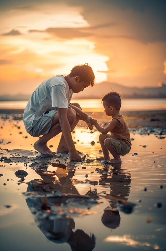 AI数字艺术父亲节牵手父子父女人物肖像摄影图-众图网