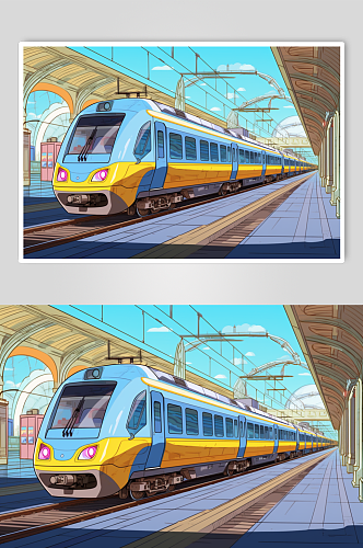 AI数字艺术春运旅客出行高铁站台插画
