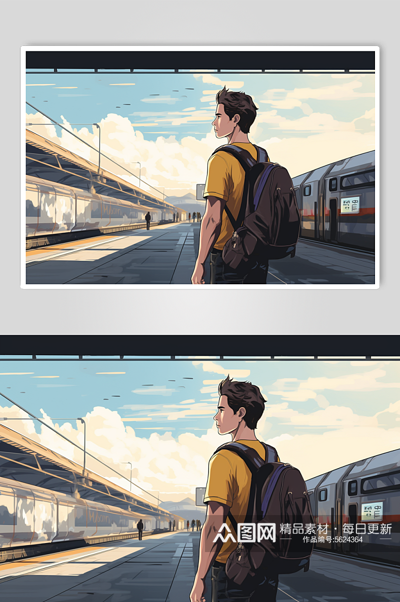 AI数字艺术新年春节春运高铁站人物插画素材