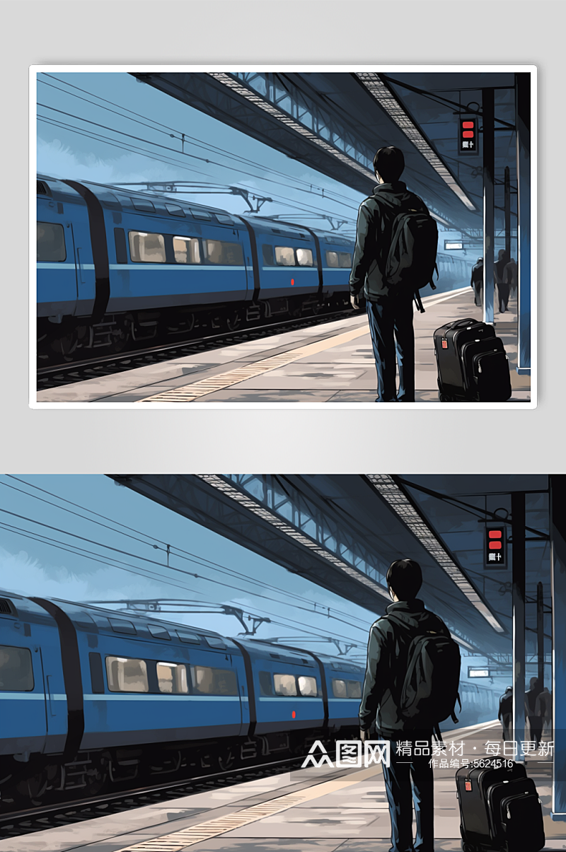 AI数字艺术新年春节春运高铁站人物插画素材