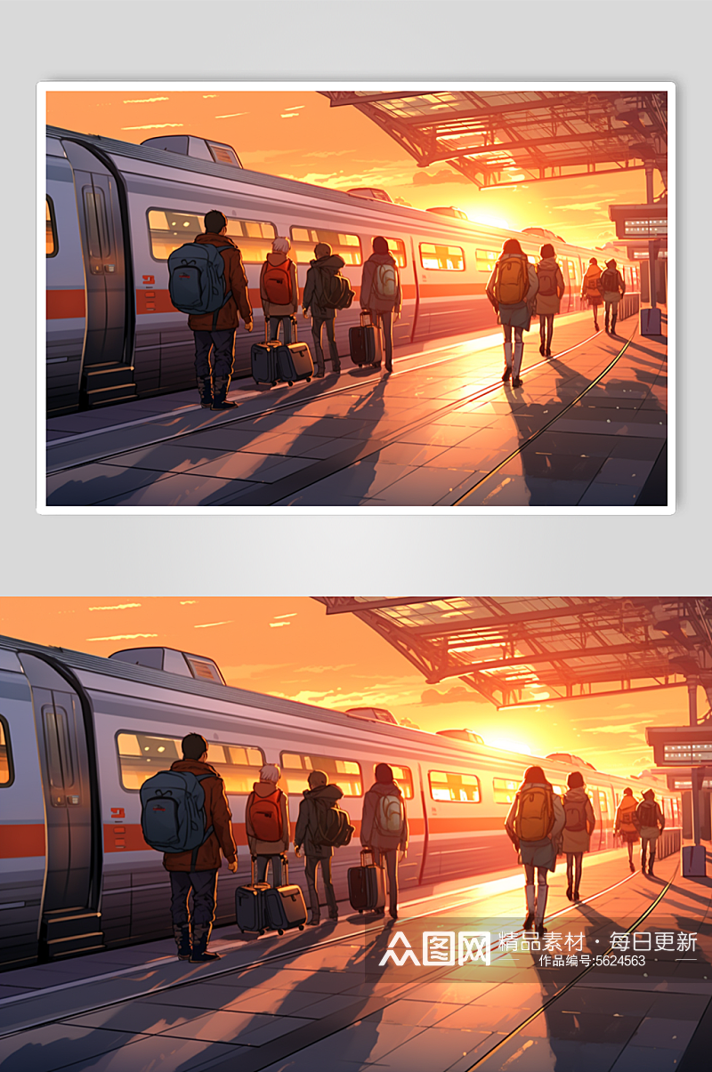 AI数字艺术新年春节春运高铁站人物插画素材
