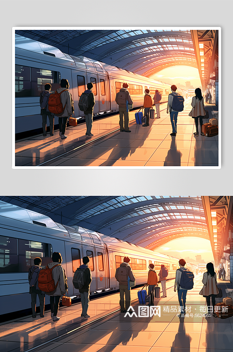 AI数字艺术新年春节春运高铁站人物插画素材