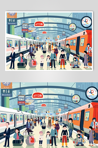 AI数字艺术新年春节春运高铁站人物插画