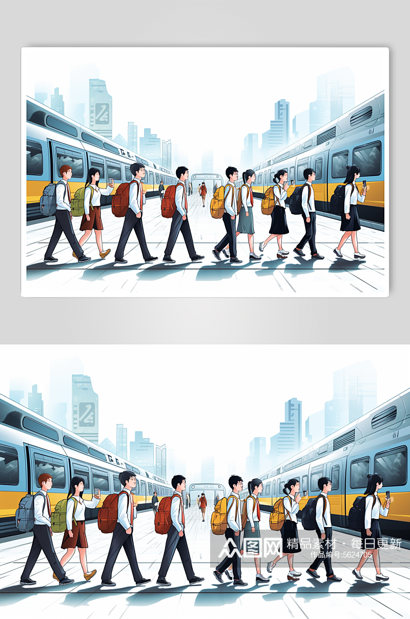 AI数字艺术新年春节春运高铁站人物插画素材
