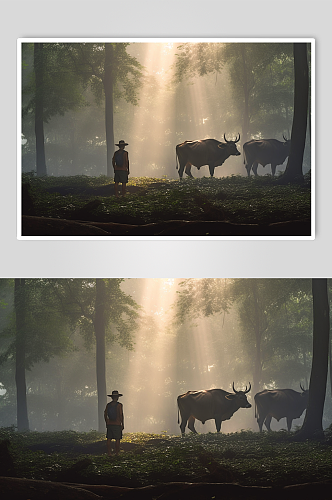AI数字艺术树林中的农民和耕牛农村摄影图