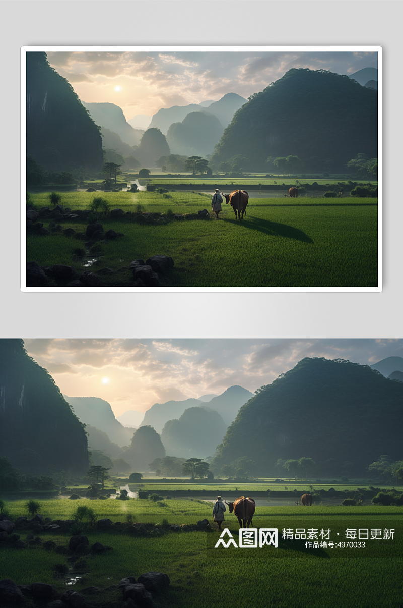 AI数字艺术桂林树林中的农民和耕牛农村摄影图素材