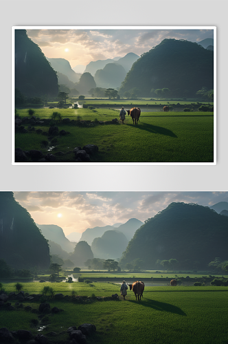 AI数字艺术桂林树林中的农民和耕牛农村摄影图