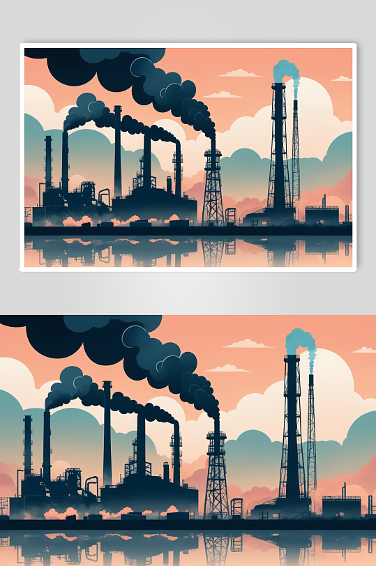 AI数字艺术企业工厂烟囱冒烟污染插画