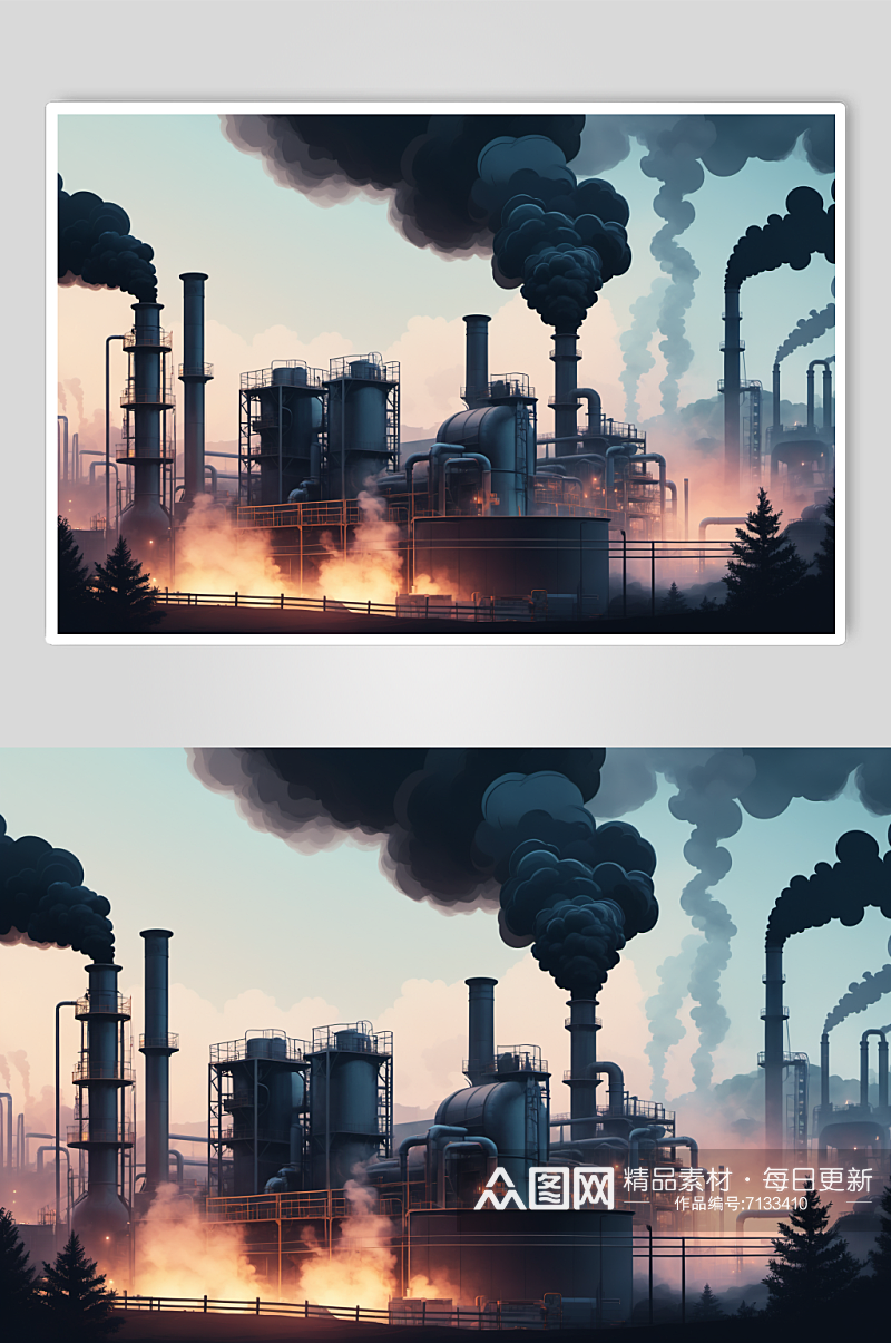 AI数字艺术企业工厂烟囱冒烟污染插画素材
